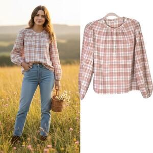 Reformation Plaid Button Up Blouse Wmn's Sz M Pink Long Puff Sleeve Edgy Modern